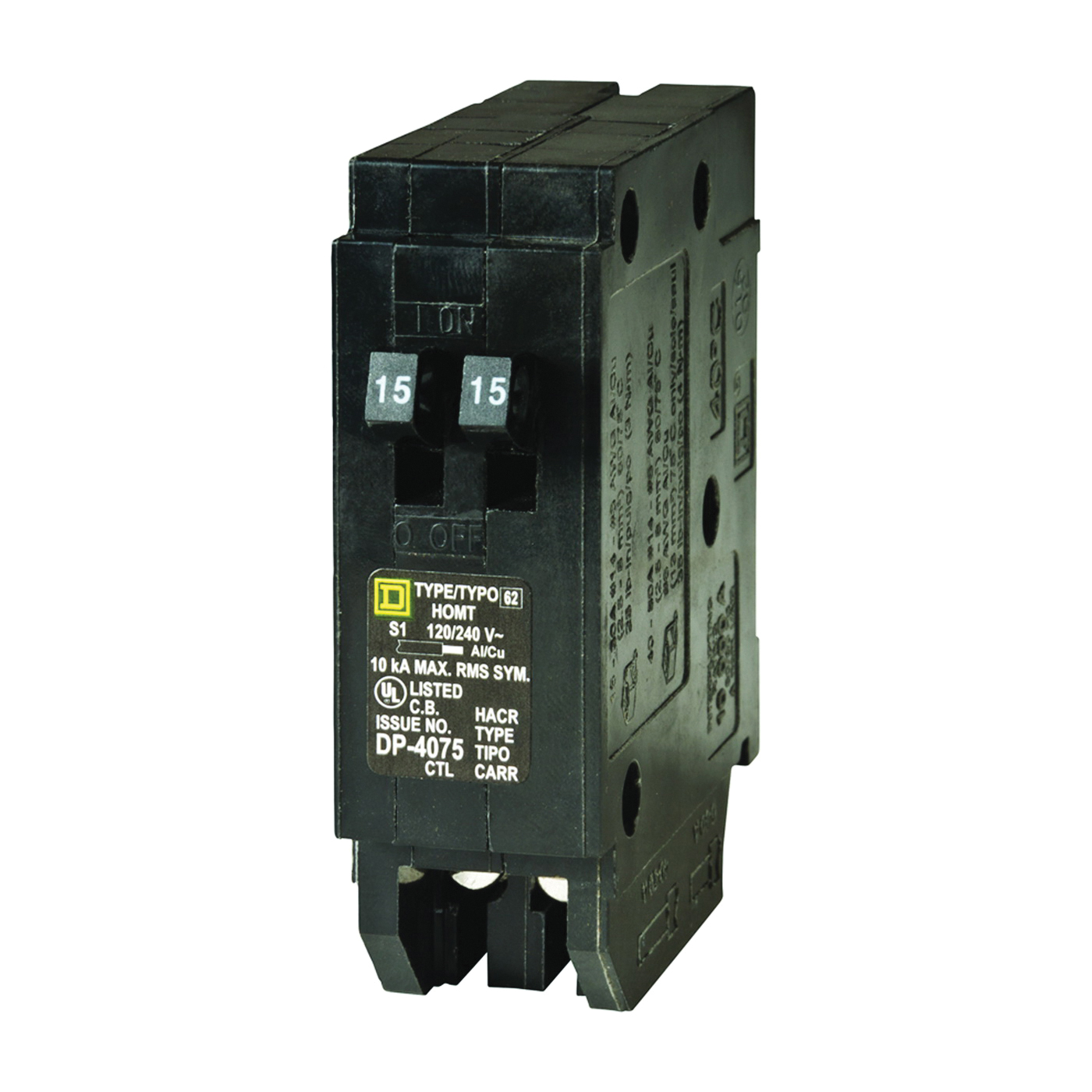 Homeline HOMT1515CP Mini Tandem Circuit Breaker, 15 A, 1-Pole, 120/240 V, Fixed Trip, Plug, Black