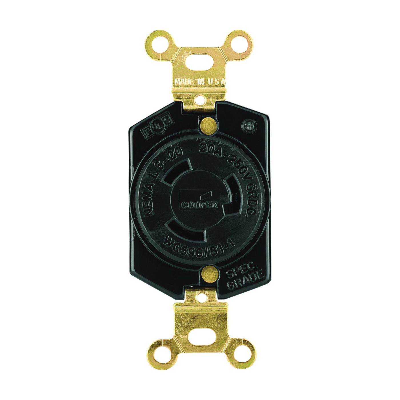 L620R Single Receptacle, 2-Pole, 250 V, 20 A, Back Wiring, NEMA: NEMA L6-20, Black