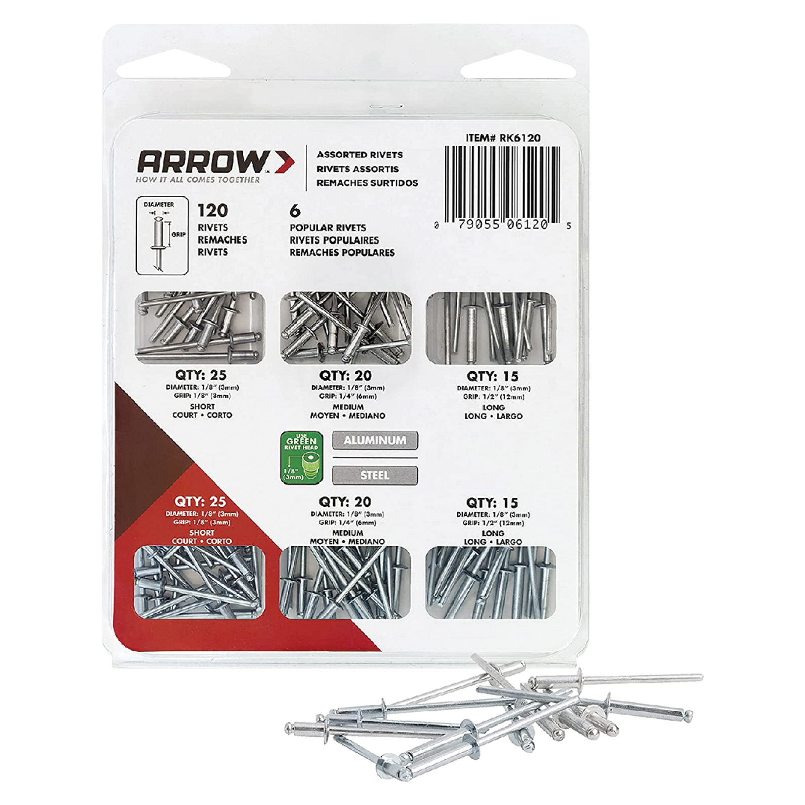 RK6120 Rivet Assortment Pack, Aluminum/Steel, 120 /PK, Includes 60 steel and 60 aluminum rivets