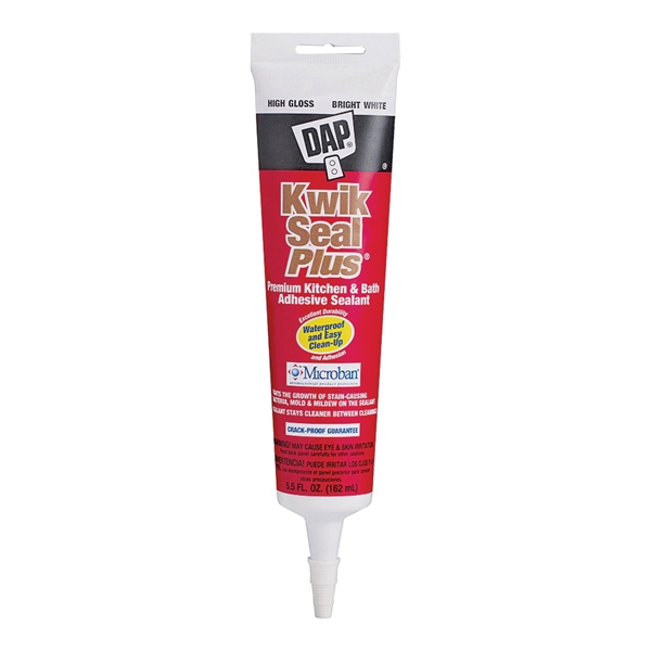 Dap Kwik Seal Plus 18526 Adhesive Sealant, White, 24 hr Curing, -20 to 180 deg F, 5.5 oz, Squeeze Tube