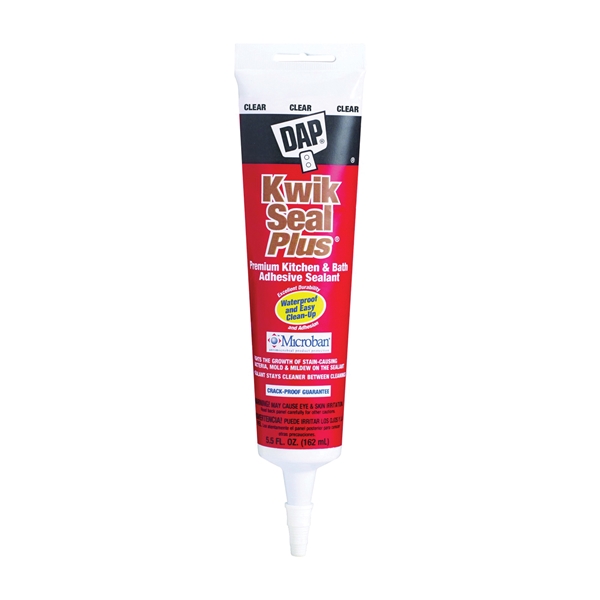 Dap Kwik Seal Plus 18546 Adhesive Sealant, Clear, 24 hr Curing, -20 to 180 deg F, 5.5 oz, Squeeze Tube