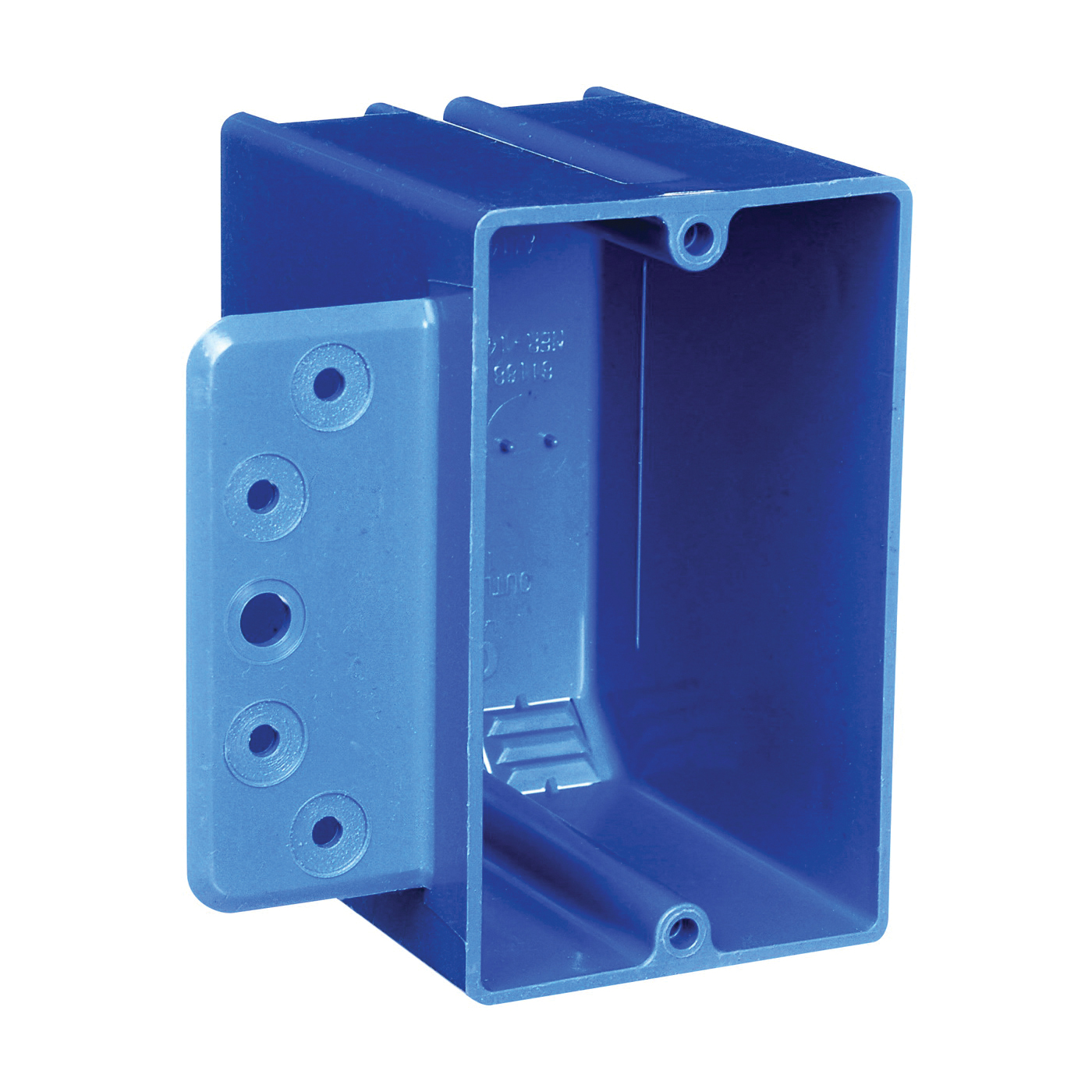 B118B-UPC Outlet Box with Bracket, 1 -Gang, 4 -Knockout, PVC (Plastic), Blue, Bracket, Stud Mounting
