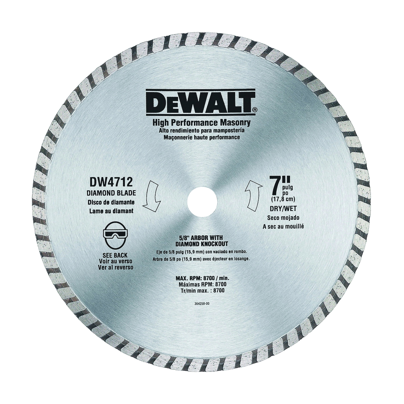 DW4712 Circular Blade, 7 in Dia, 7/8 in Arbor, Diamond Cutting Edge, Segmented Rim