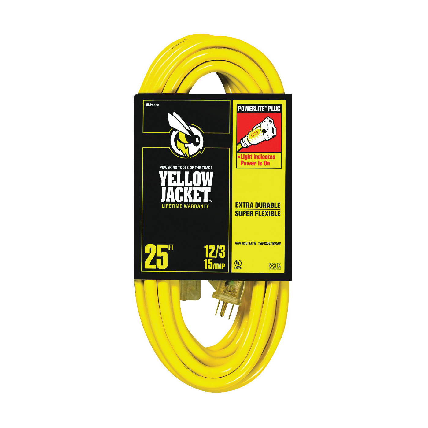 2883 Extension Cord, 12 AWG Cable, 25 ft L, 15 A, 125 V, Yellow