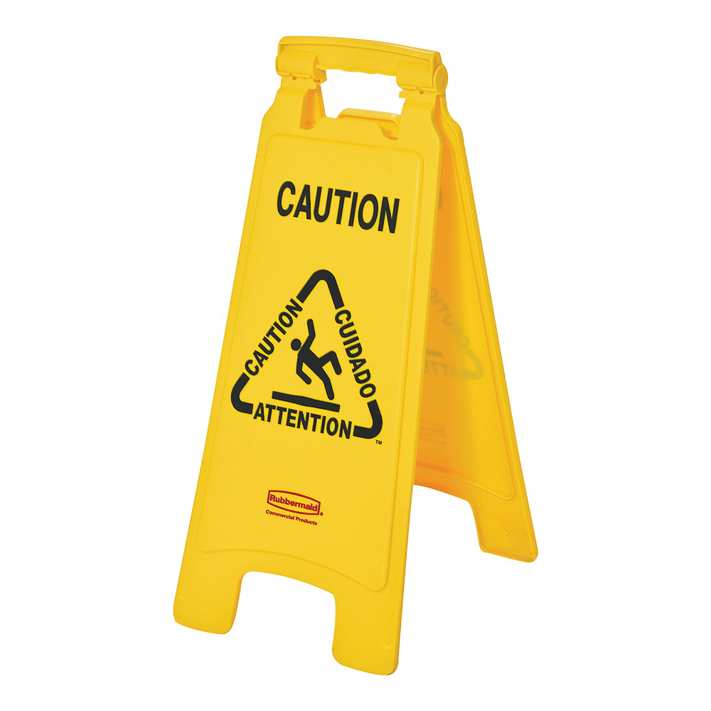 FG611200 YEL Floor Sign, 11 in W, 25 in H, Yellow Background, Caution, English, French, Spanish