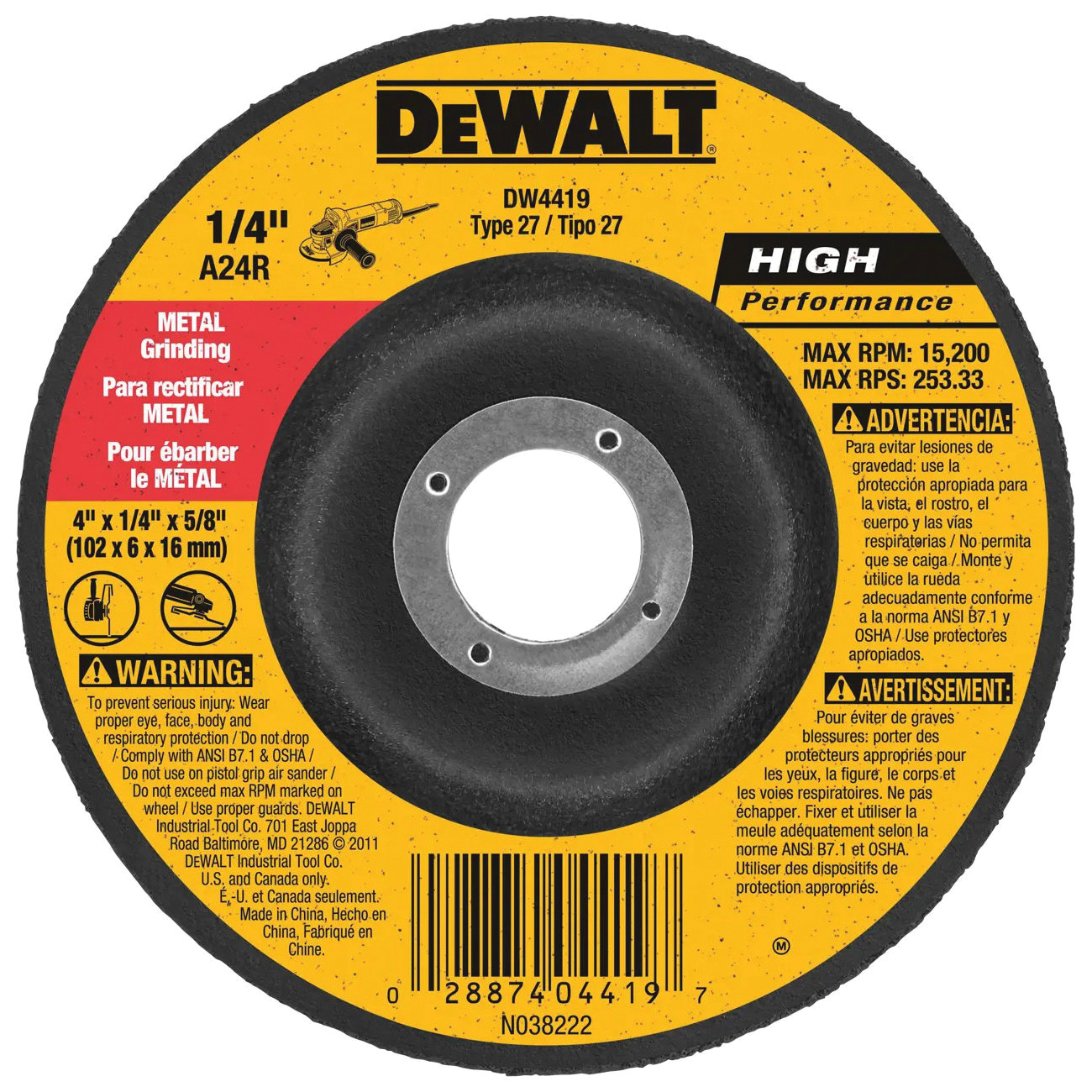 HP DW4419 Grinding Wheel, 4 in Dia, 1/4 in Thick, 5/8 in Arbor, 24 Grit, Very Coarse, Aluminum Oxide Abrasive