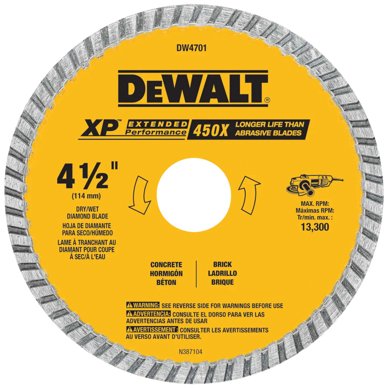 DW4701 Circular Blade, 4-1/2 in Dia, 7/8 in Arbor, Diamond Cutting Edge, Continuous Rim