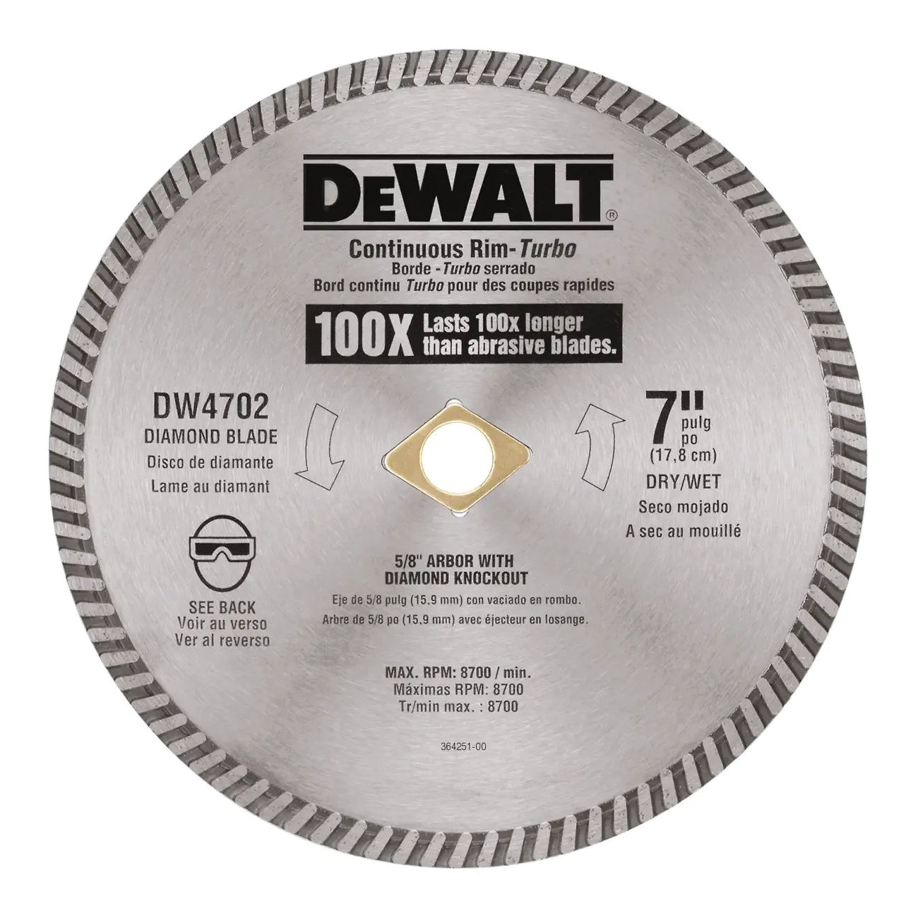 DW4702 Circular Blade, 7 in Dia, 5/8 in Arbor, Diamond Cutting Edge, Continuous Rim