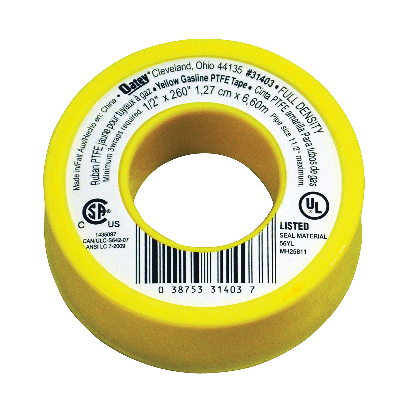 31403 Thread Seal Tape, 260 in L, 1/2 in W, PTFE, Yellow