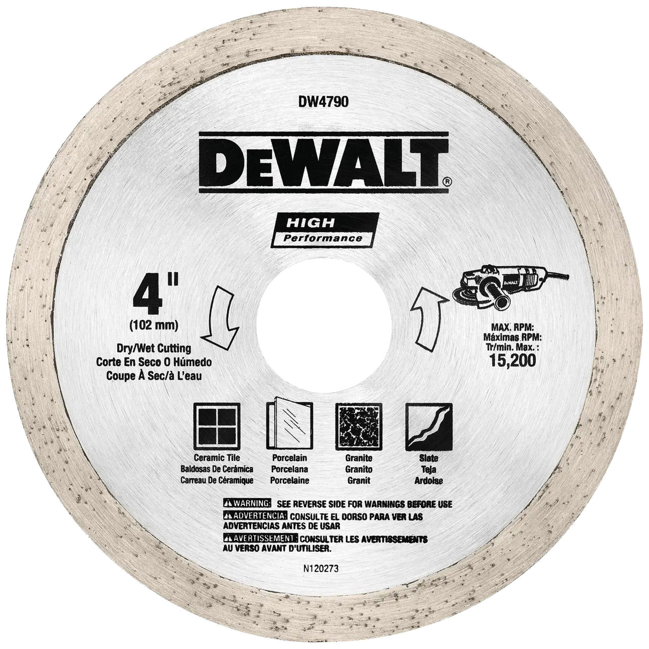 DW4790 Wet/Dry Cutting Tile Blade, 4 in Dia, 0.06 in Thick, 5/8 to 7/8 in Arbor, Diamond Abrasive