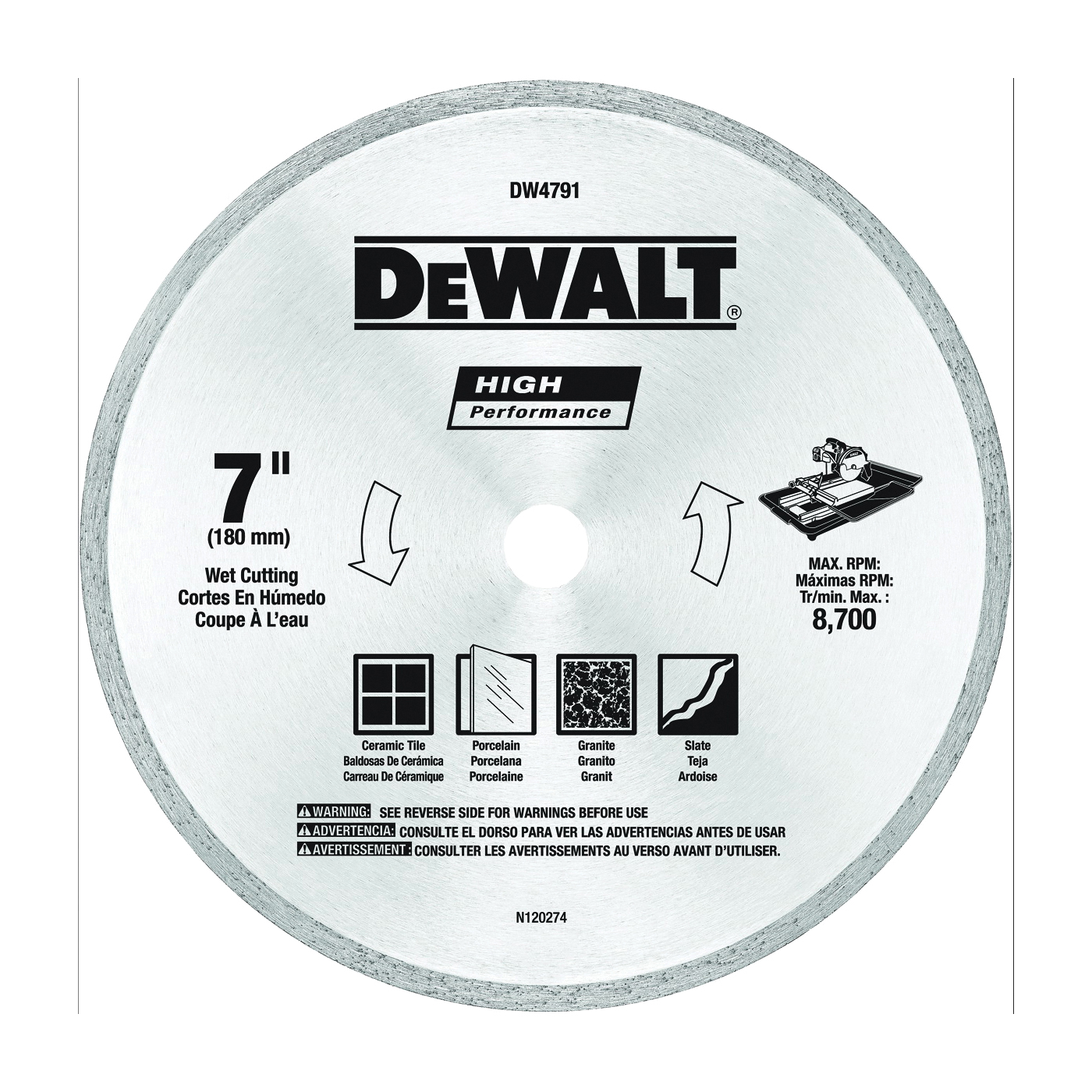 DW4791 Circular Saw Blade, 7 in Dia, 5/8 in Arbor, Diamond Cutting Edge, Applicable Materials: Stone