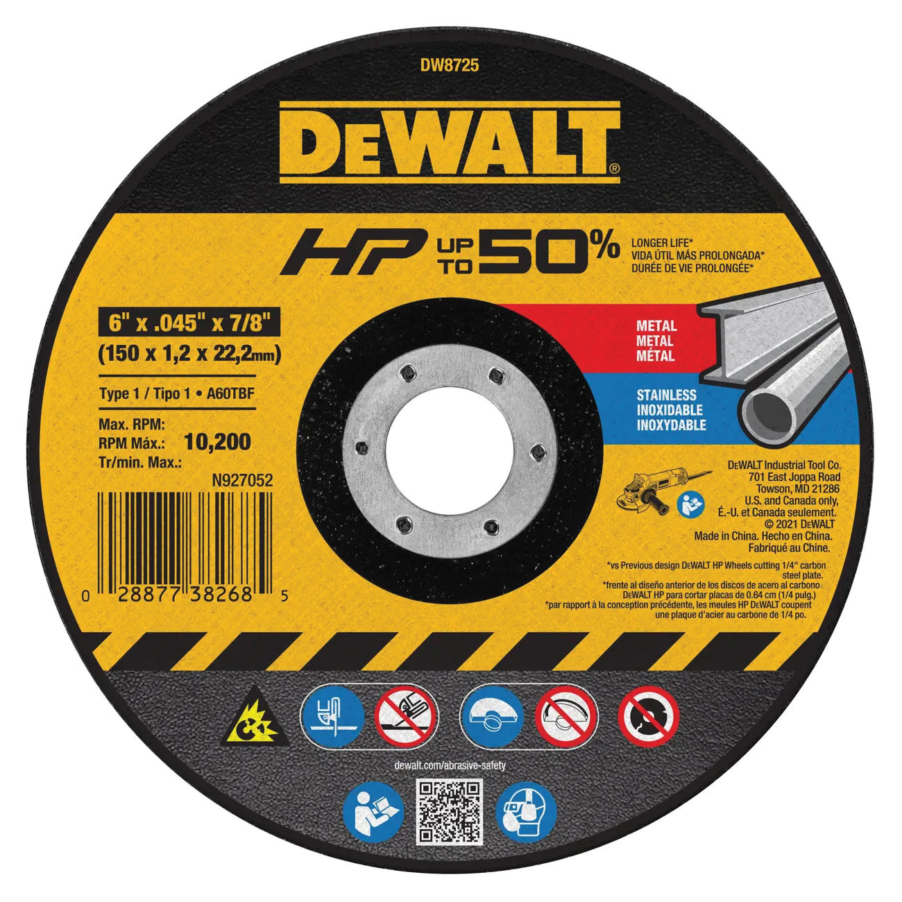 HP DW8725 Cut-Off Wheel, 6 in Dia, 0.045 in Thick, 7/8 in Arbor, Very Fine, Aluminum Oxide Abrasive
