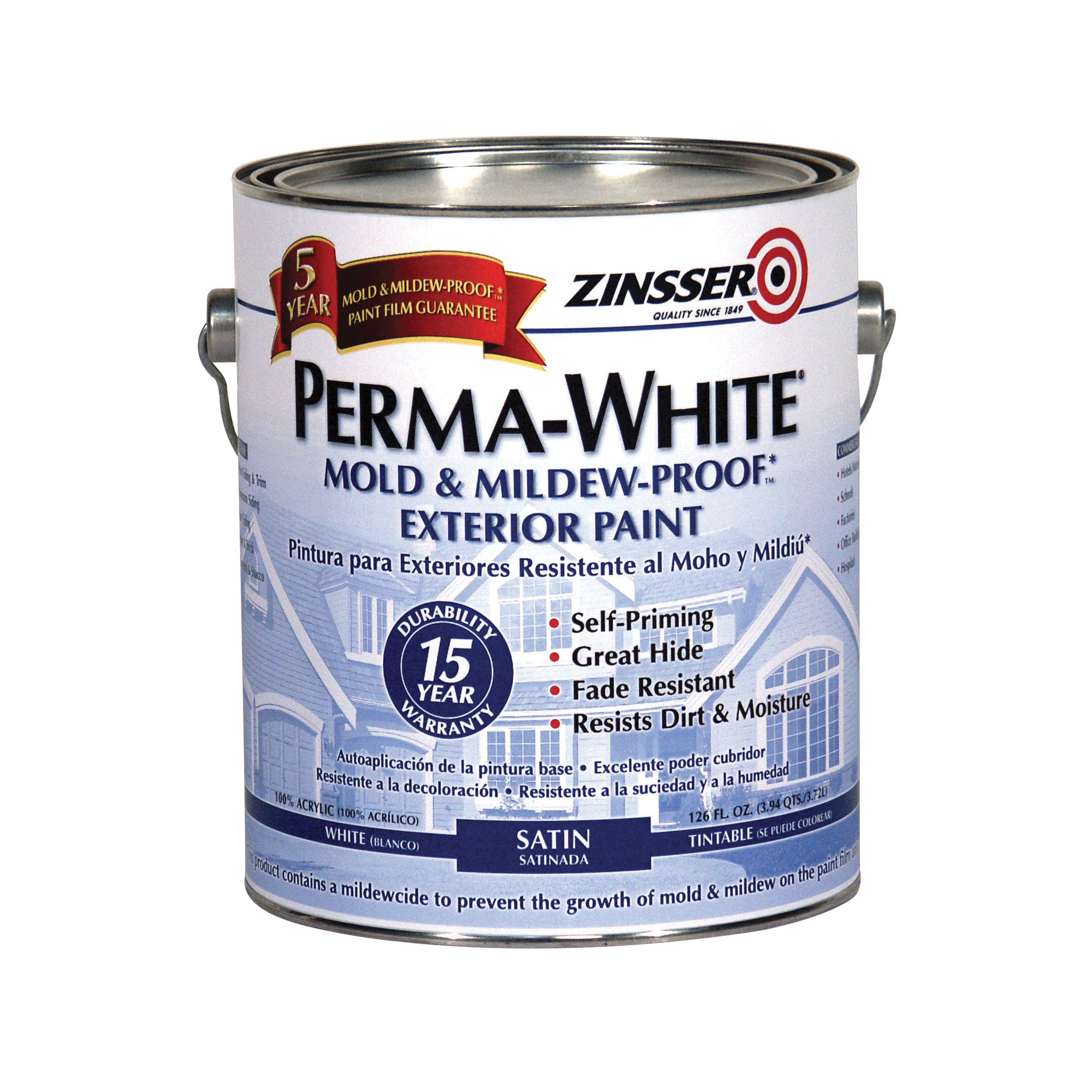 Zinsser 03101 Latex Paint, Satin, White, 1 gal, Can, 300 to 400 sq-ft/gal Coverage Area