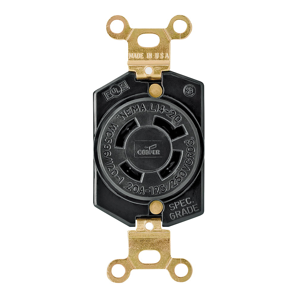 L1420R Single Receptacle, 3-Pole, 125/250 V, 20 A, Side Wiring, NEMA: NEMA L14-20, Black