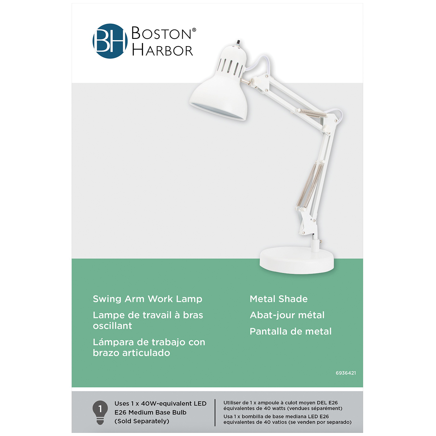 Boston Harbor TL-WK-134E-WH-3L Swing Arm Work Lamp, 120 V, 60 W, 1-Lamp, A19 or CFL Lamp, White - 2