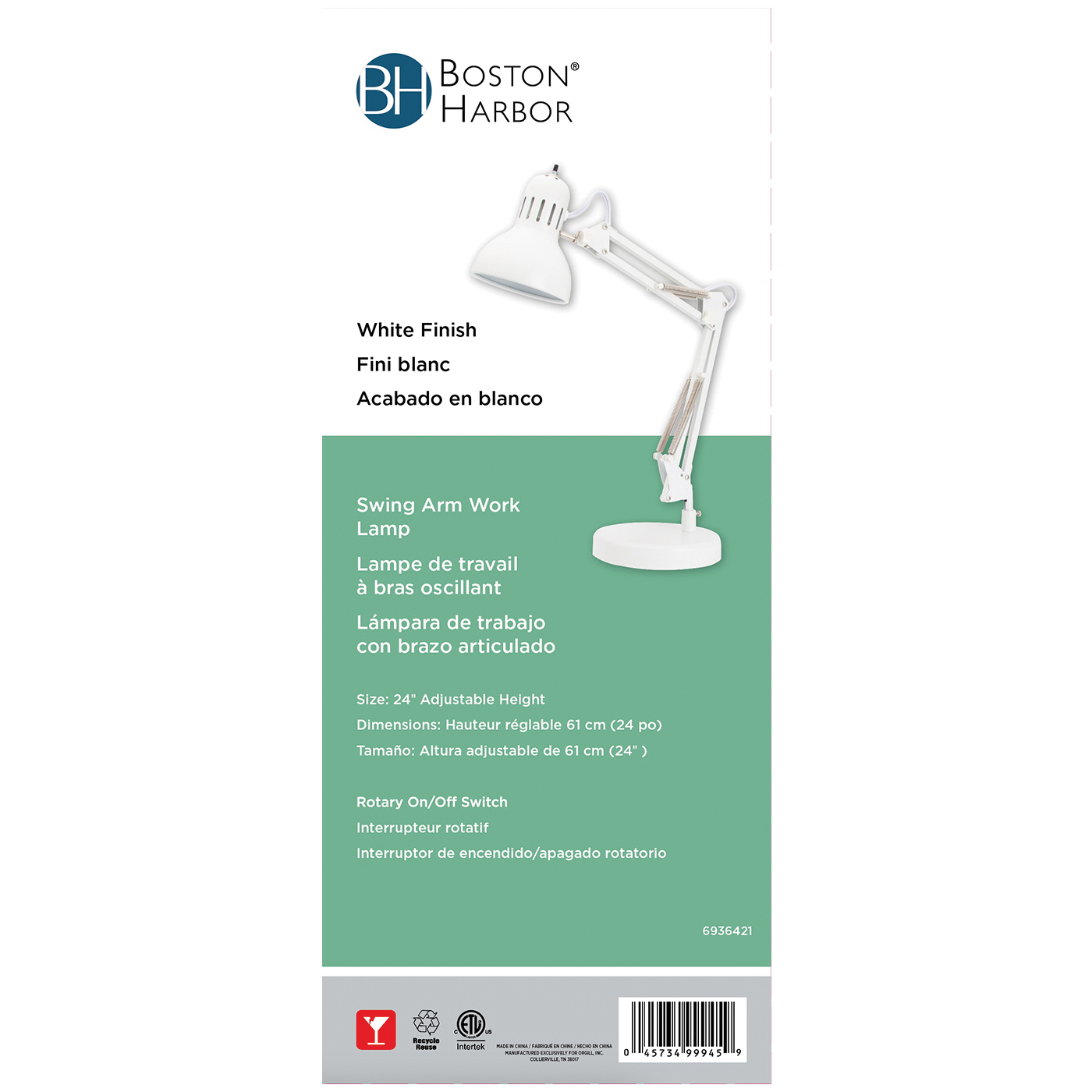Boston Harbor TL-WK-134E-WH-3L Swing Arm Work Lamp, 120 V, 60 W, 1-Lamp, A19 or CFL Lamp, White - 3