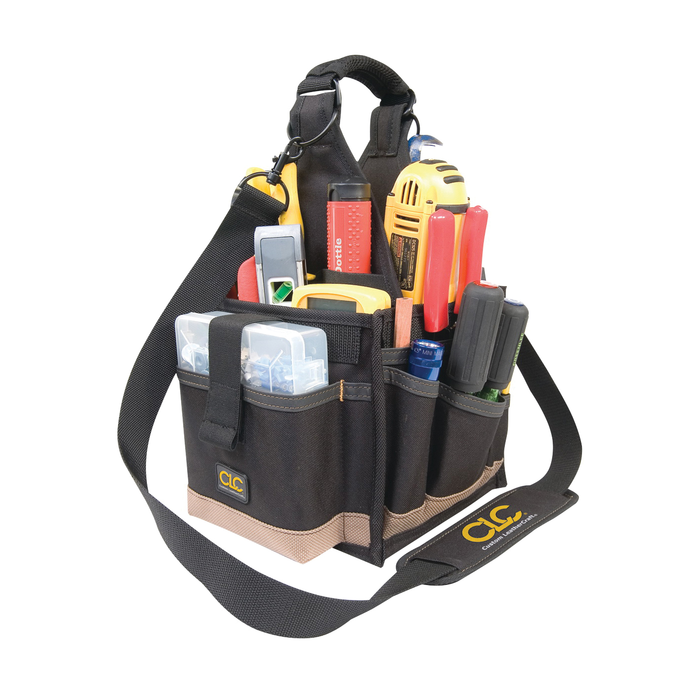 TOOL WORKS 1526 Electrical and Maintenance Tool Carrier, 8 in W, 16 in D, 8 in H, 25-Pocket, Polyester, Black/Tan