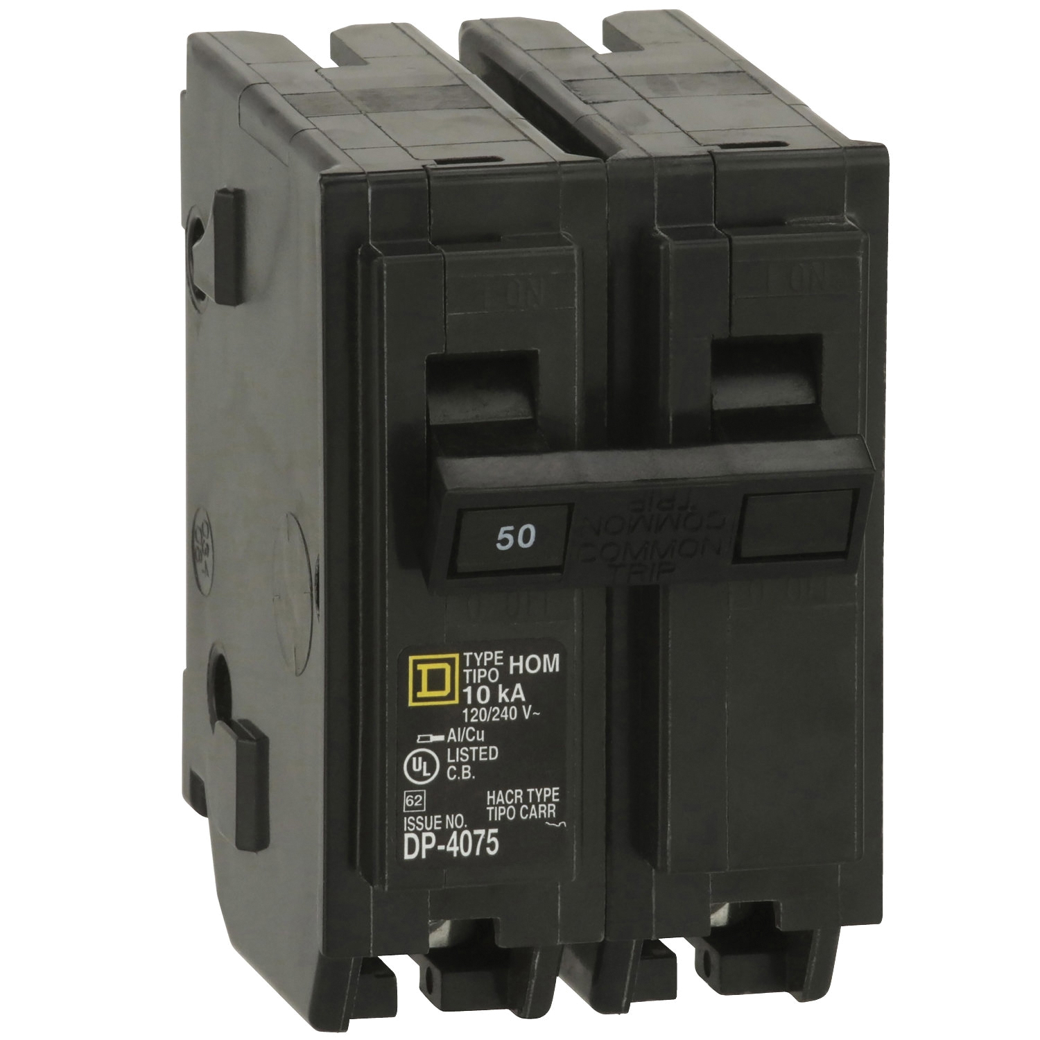 Homeline HOM250C Miniature Circuit Breaker, 50 A, 2-Pole, 120/240 V, Plug Mounting, Black