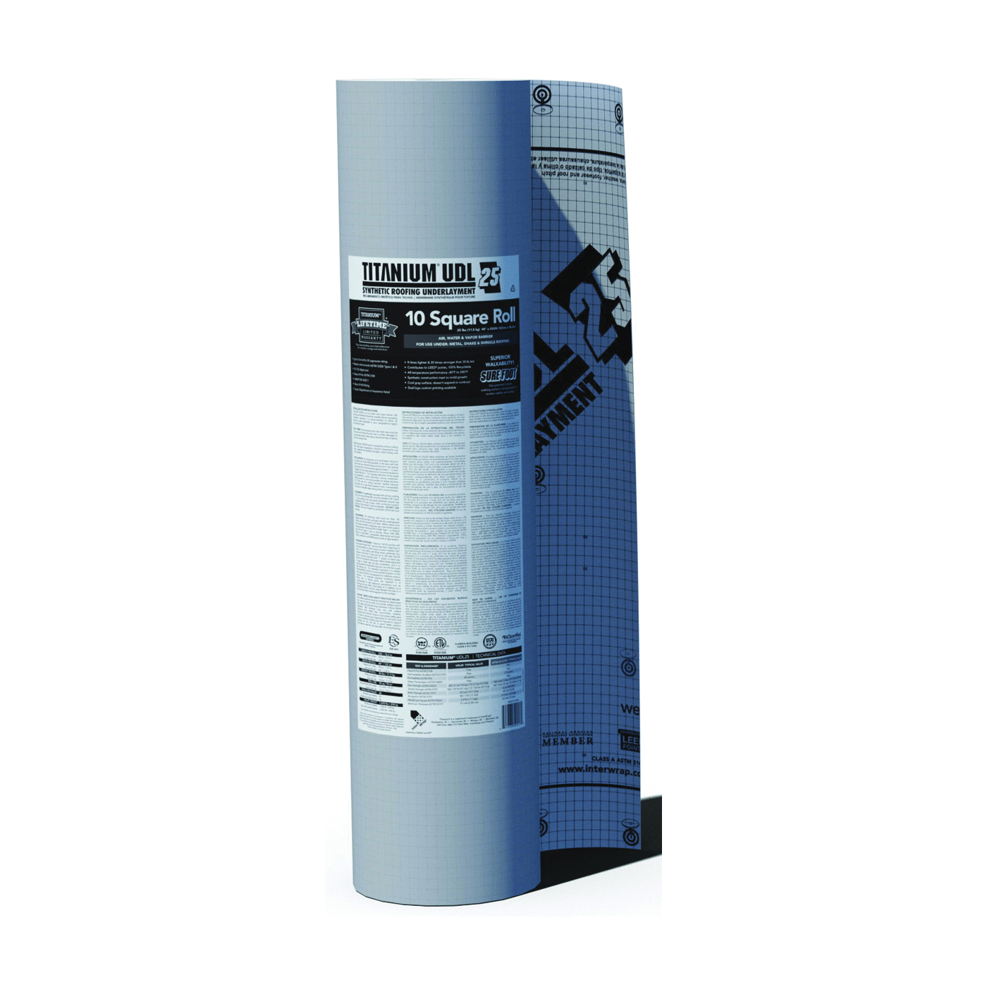 UDL25 Roof Underlayment Roll, 250 ft L, 48 in W, Synthetic, Gray