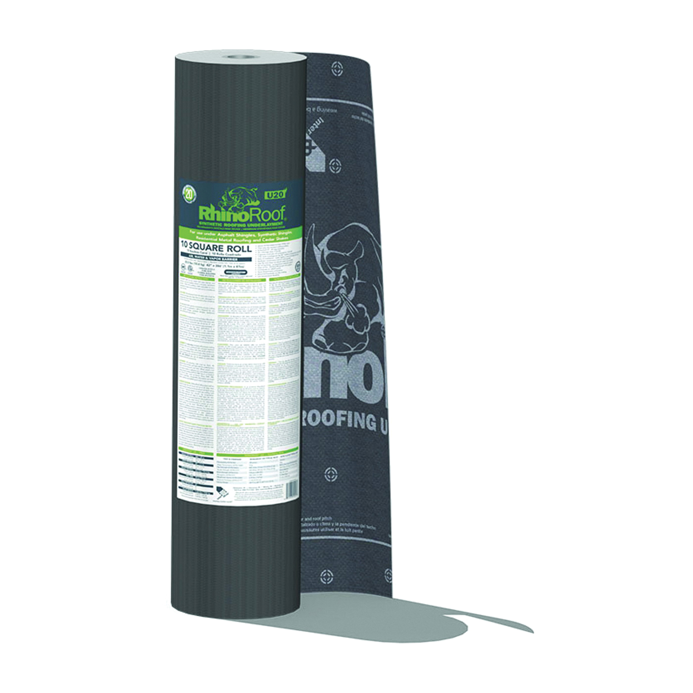 RHINOROOF Roof Underlayment Roll, 286 ft L, 42 in W, Synthetic, Gray