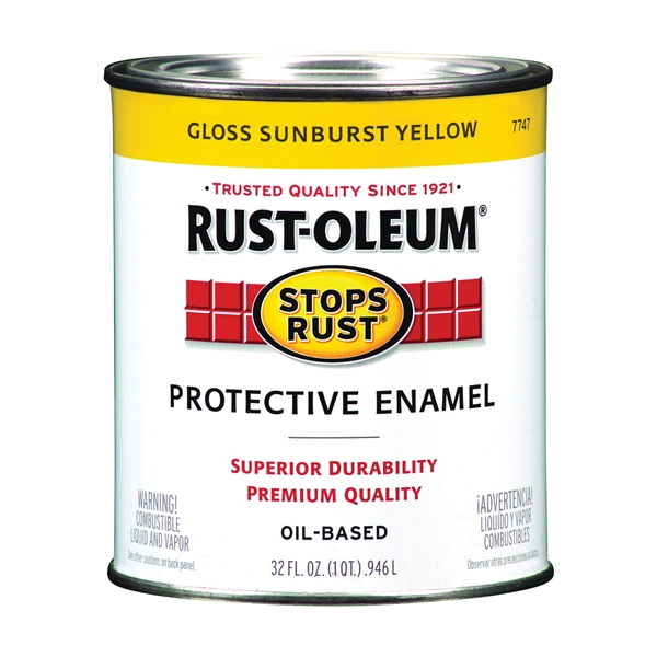 Stops Rust 7747502 Enamel Paint, Gloss, Sunburst Yellow, 1 qt, Can, Oil Base, Application: Brush, Roller, Spray