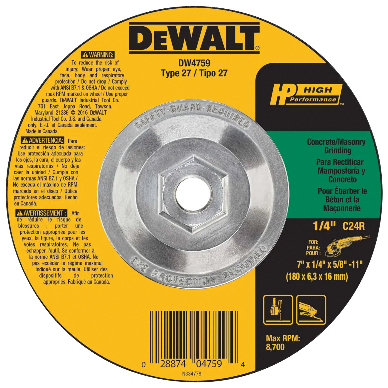 HP DW4759 Grinding Wheel, 7 in Dia, 1/4 in Thick, 5/8-11 Arbor, 24 Grit, Very Coarse, Silicone Carbide Abrasive