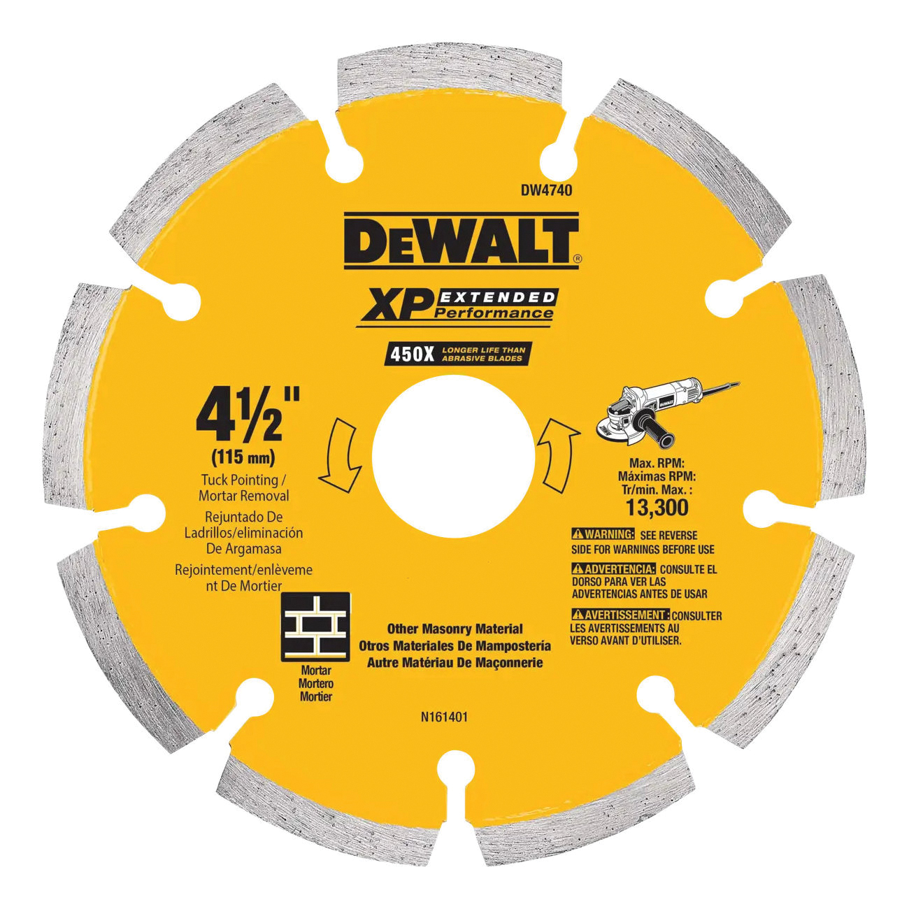 DW4740 Circular Saw Blade, 4-1/2 in Dia, 5/8 in Arbor, Diamond Cutting Edge, Applicable Materials: Stone