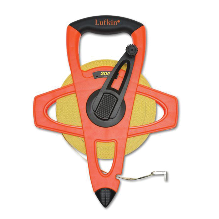 FE200 Tape Measure, 200 ft L Blade, 1/2 in W Blade, Fiberglass Blade, Plastic Case, Orange Case