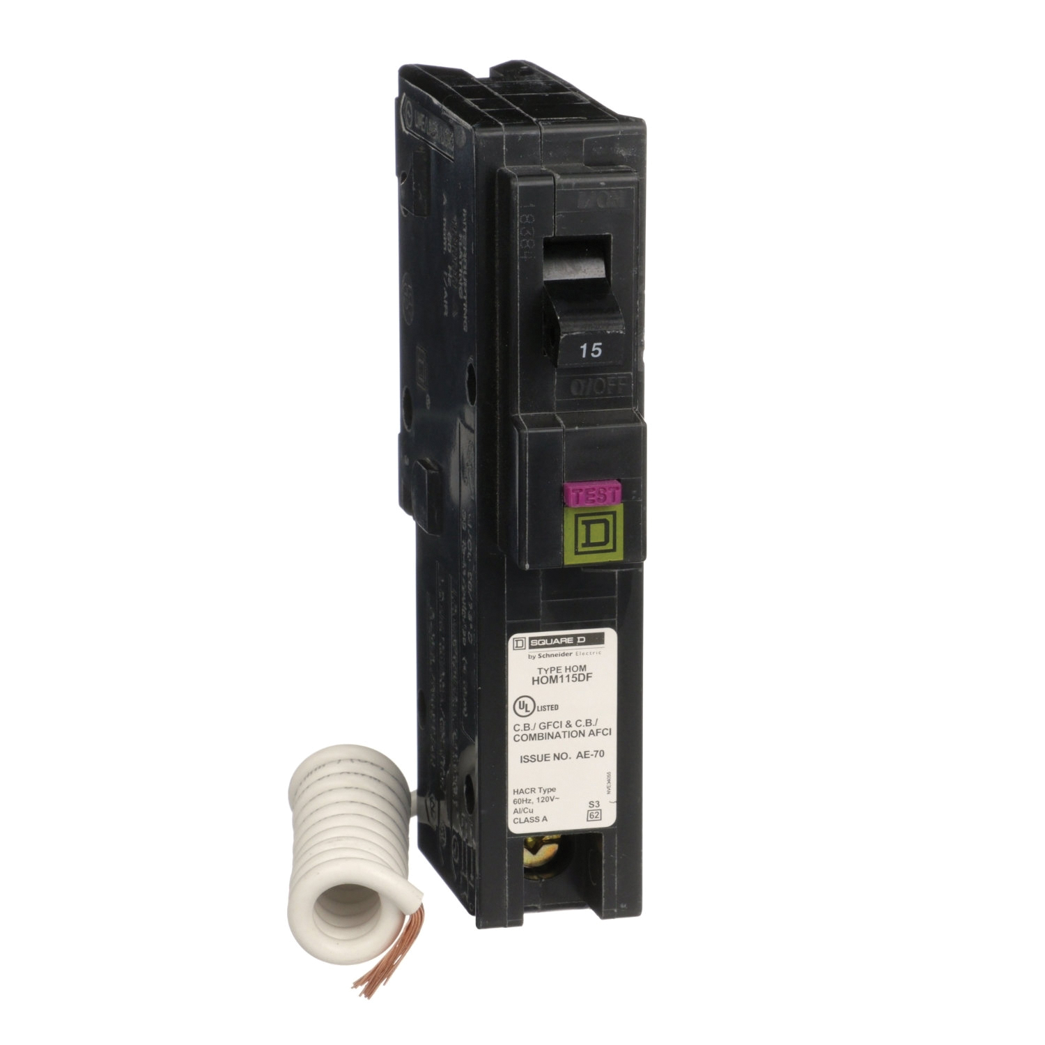 HOM115DFC Circuit Breaker, Dual Function, Mini, 15 Amp, 1 -Pole, 120 V, Plug Mounting