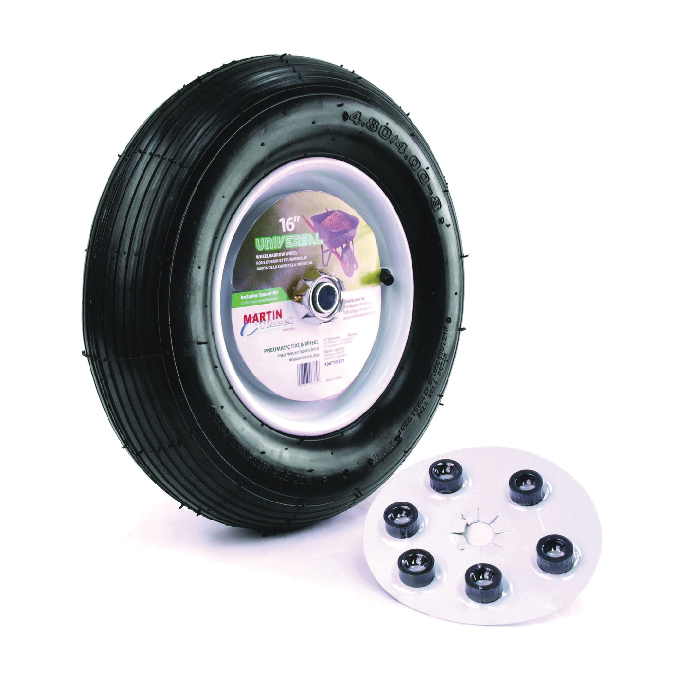408TTRIB31 Wheelbarrow Wheel with Universal Hub, 4.8 x 4/8 in Tire, 16 in Dia Tire, 4.8 in W Tire