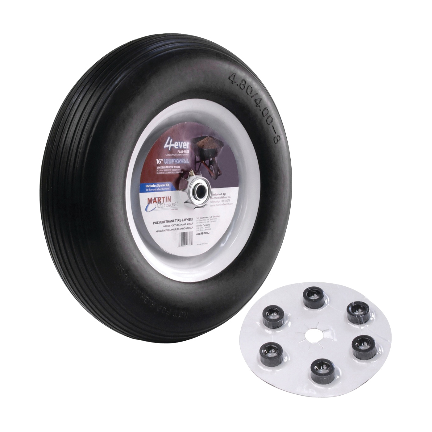 408RBPU32 Wheelbarrow Wheel with Universal Hub, 4.8 x 4/8 in Tire, 16 in Dia Tire, Ribbed Tread