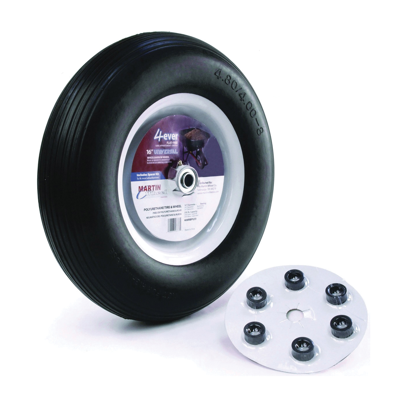 408RBPU31 Wheelbarrow Wheel with Universal Hub, 4.8 x 4/8 in Tire, 16 in Dia Tire, 4.8 in W Tire