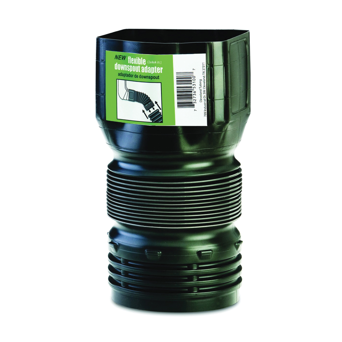 ADP53102 Downspout Adapter, 4 in Connection, PVC, Black