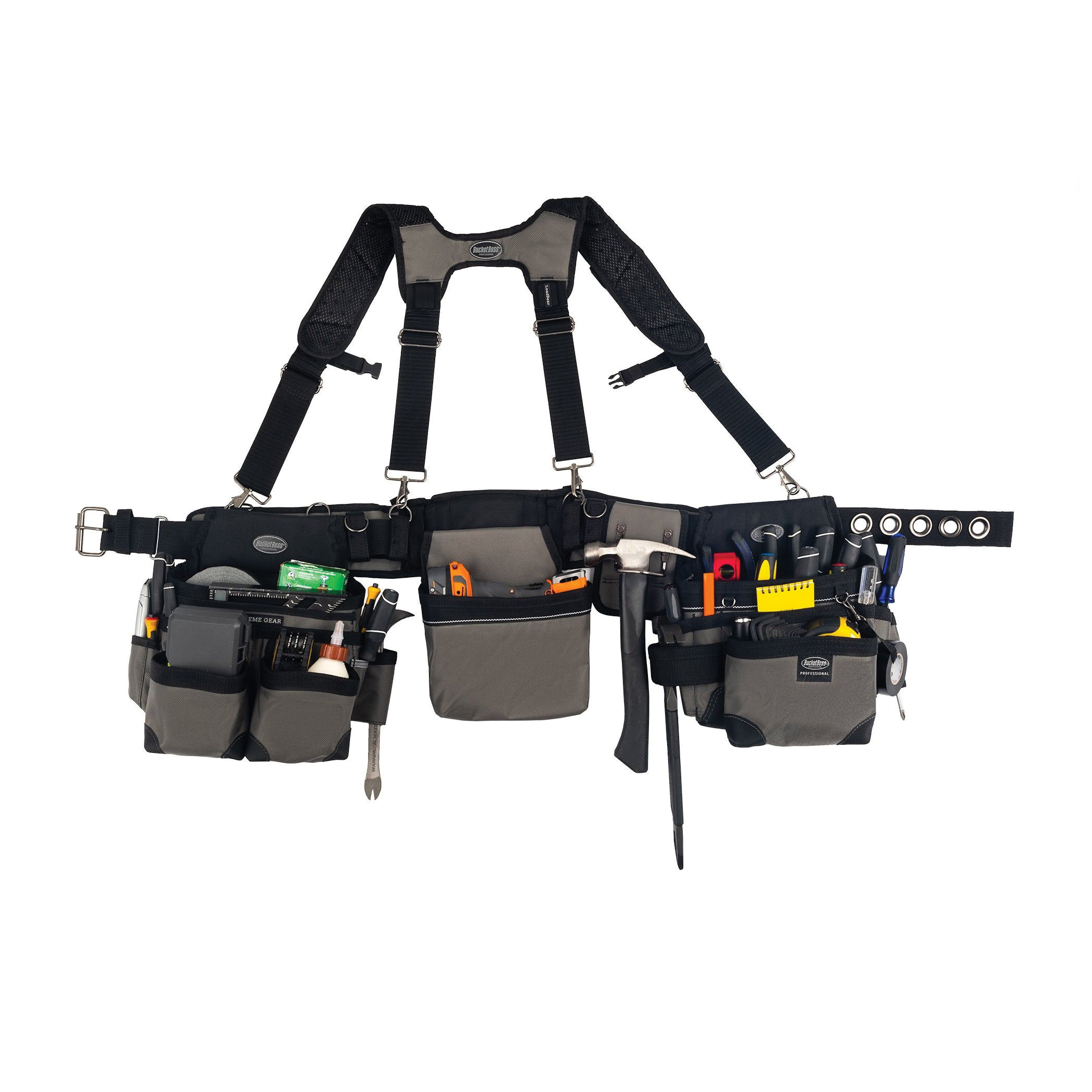 Bucket Boss 55135 Mullet Buster Tool Belt with Suspender, 52 in Waist, Poly Fabric, Gray, 29-Pocket - 2