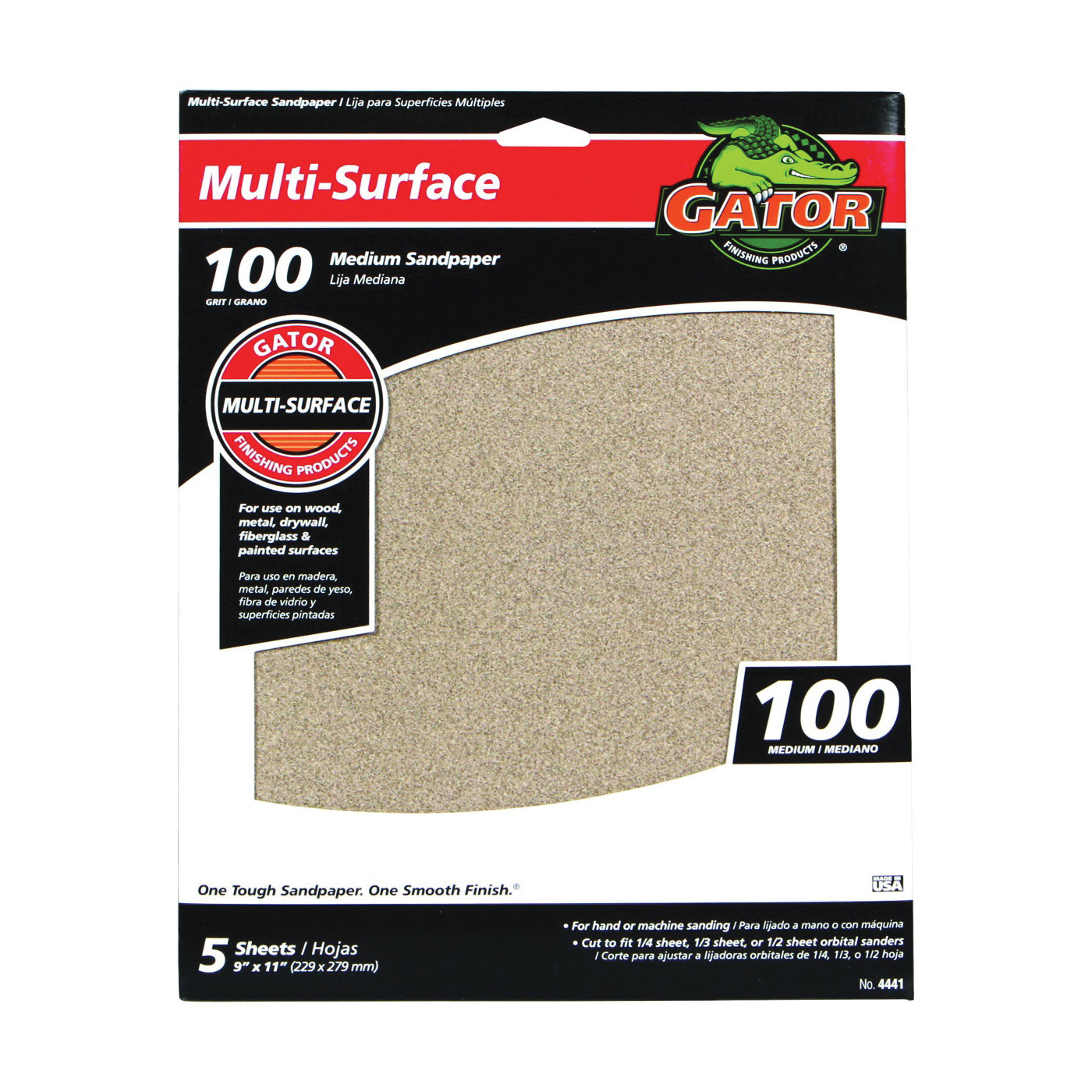 4441 Sanding Sheet, 11 in L, 9 in W, 100 Grit, Medium, Aluminum Oxide Abrasive