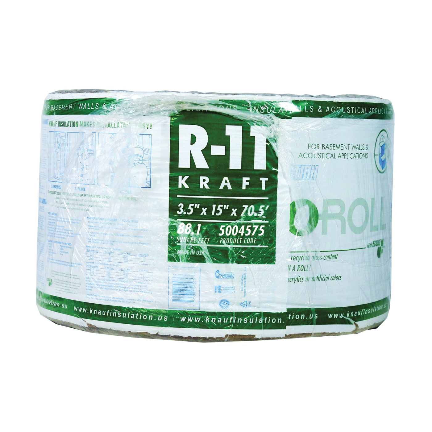 ECOROLL KR41E/TAK Insulation, 70.5 ft L, 15 in W, R11 R-Value, Fiberglass/Steel, Brown