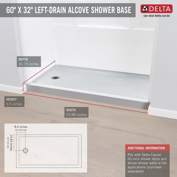 DELTA 40094L Shower Base, 59.88 in L, 30-3/4 in W, 3-1/2 in H, Acrylic, White, Stud Installation - 4