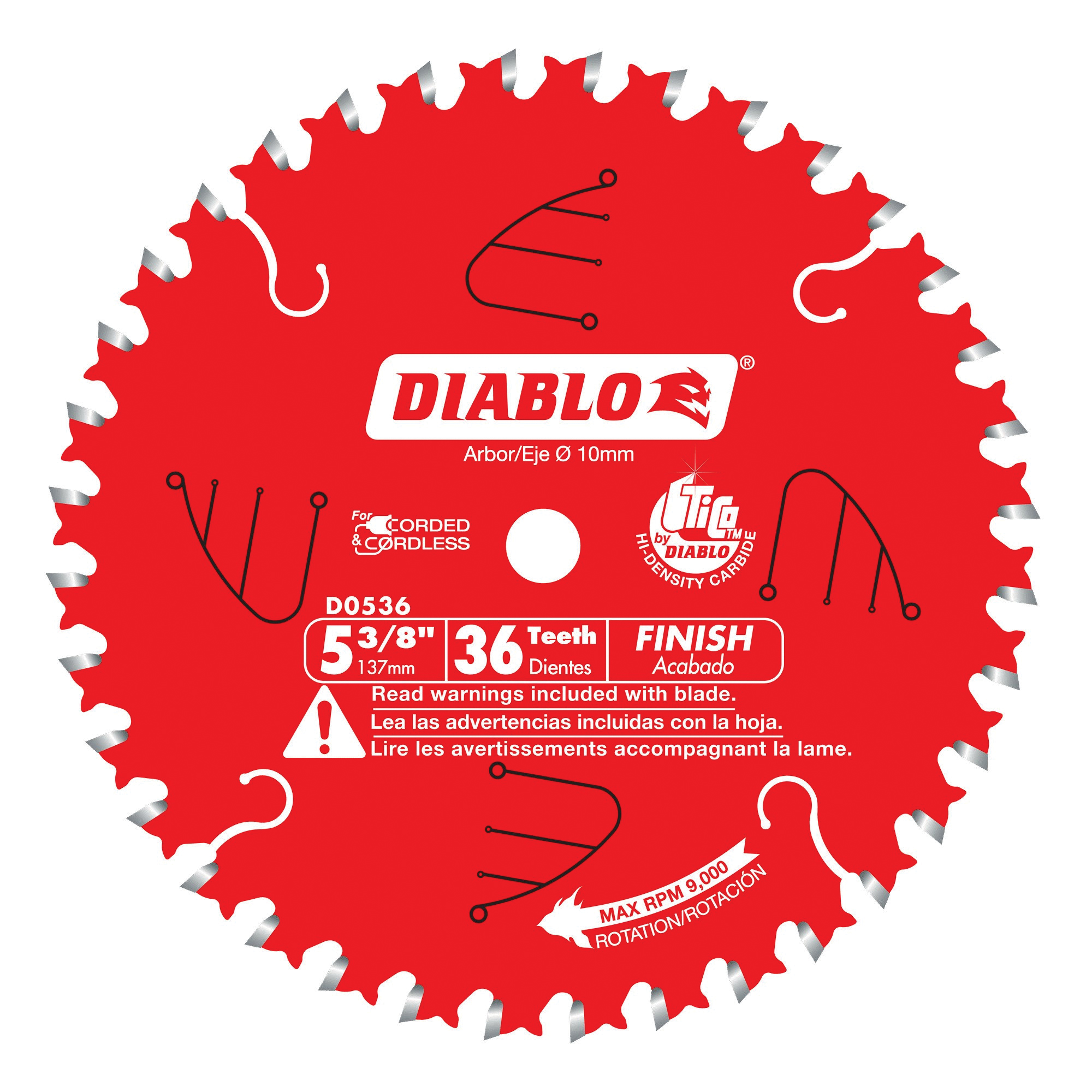 D0536X Circular Saw Blade, Wood, 5-3/8 in Dia, 0.393 in Arbor, 36-Teeth, Carbide Cutting Edge