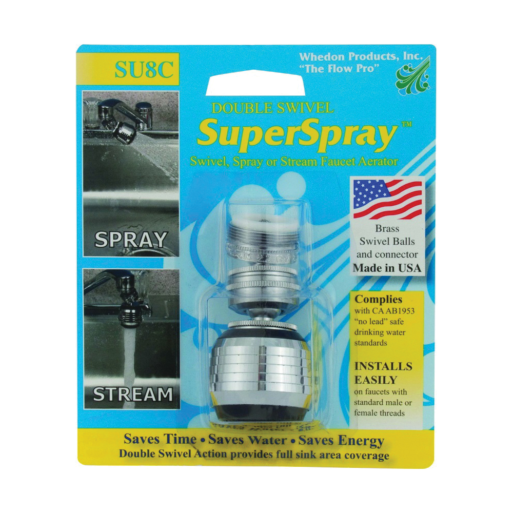 SU8C Double Swivel Faucet Aerator, 15/16-27 x 55/64-27 Male x Female, Brass, Chrome-Plated, 2.2 gpm