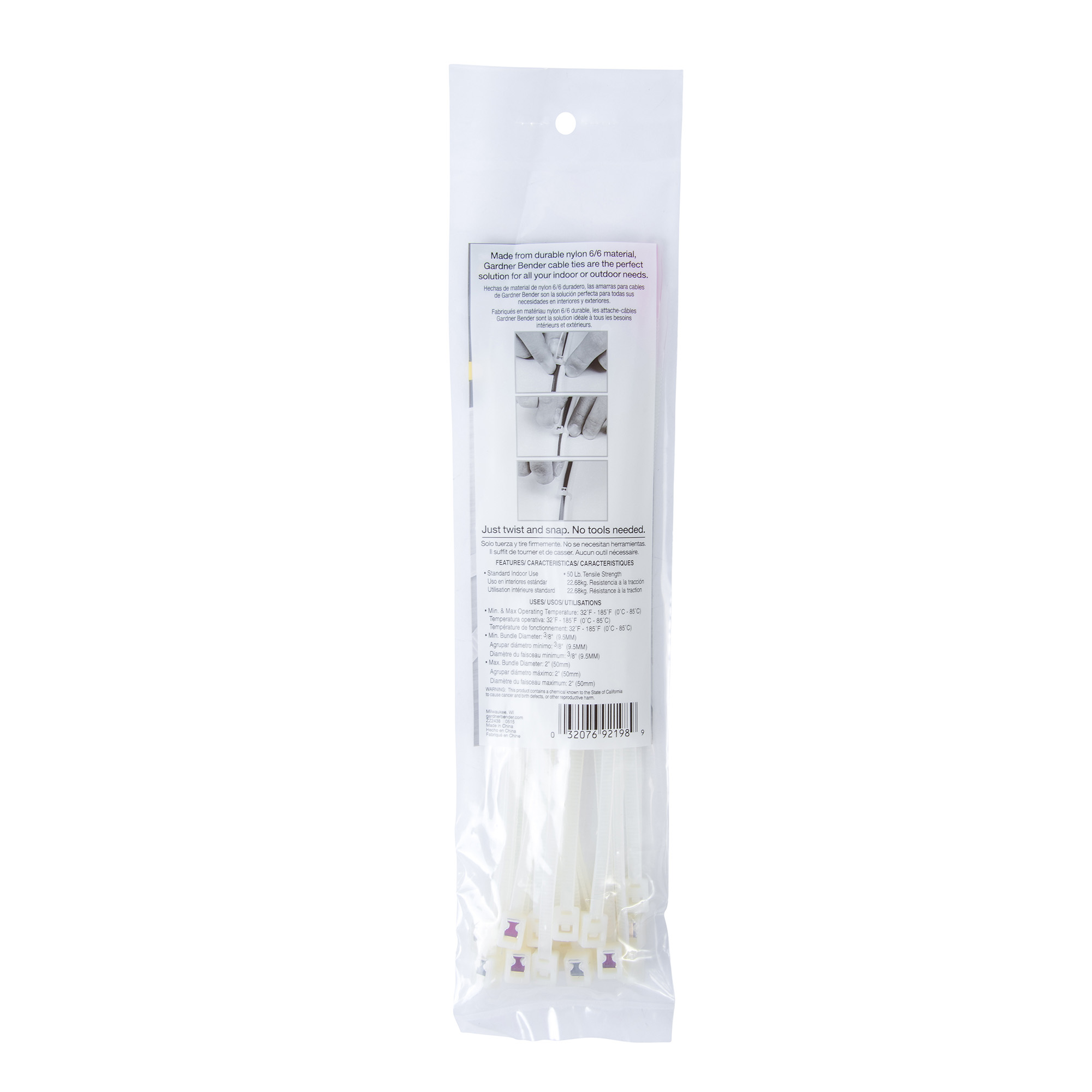 Gardner Bender 45-308SC Cable Tie, 2 in Max Bundle Dia, Double-Lock Locking, Nylon, Natural - 3