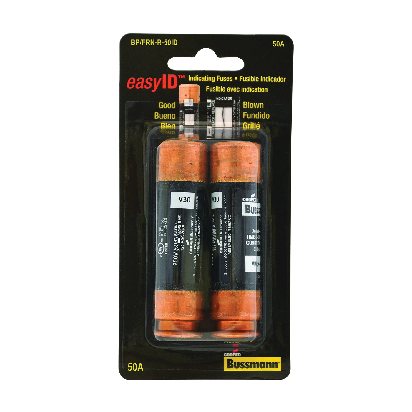 FRN-R Series BP/FRN-R-50ID Fuse, 50 A, 250 V, 20, 200 kA Interrupt, Fiberglass Body, RK5