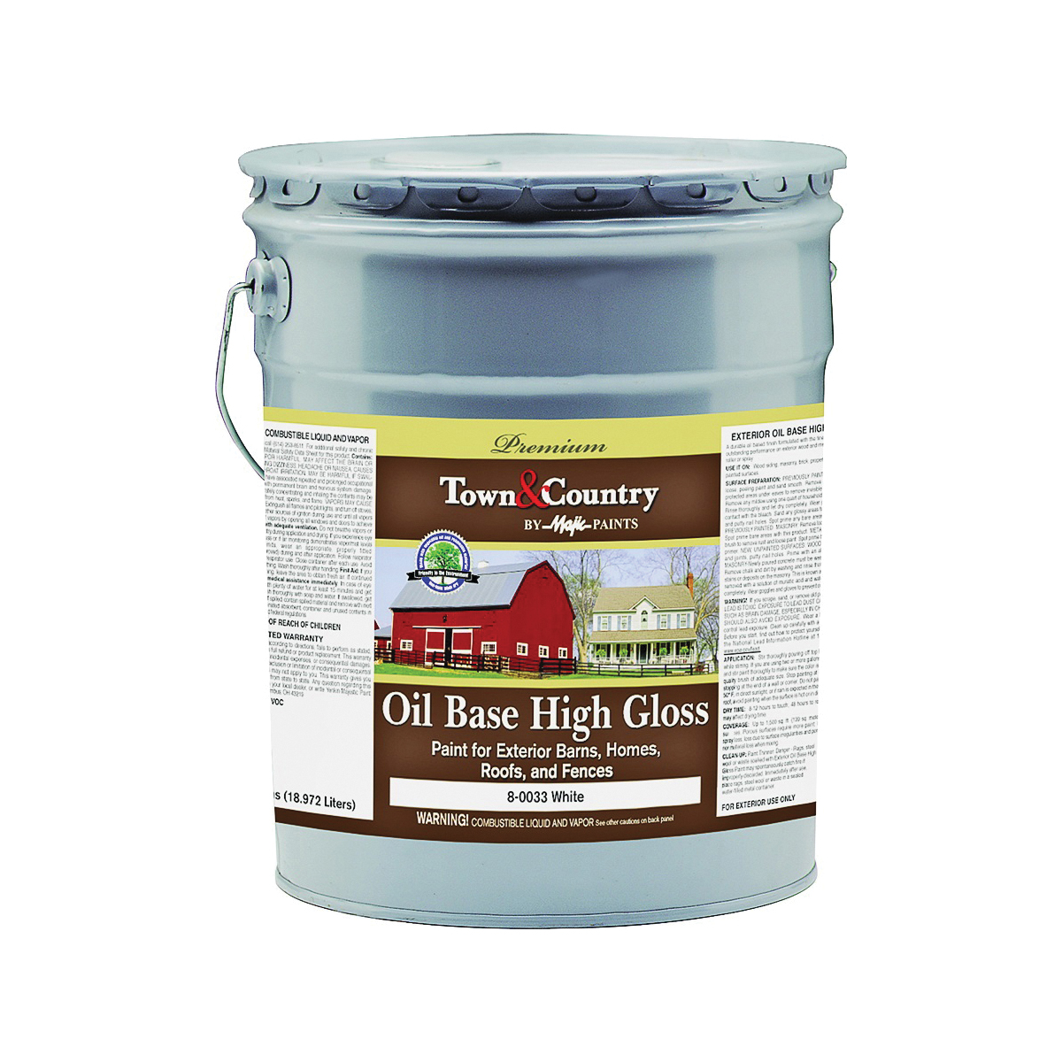 8-0033-5 Barn and Fence Paint, High-Gloss, White, 5 gal, Pail, Resists: Fade, Fume, Weather, Oil Base