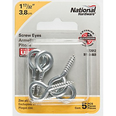 National Hardware N118-869 Screw Eye, 0.16 in Dia Inside Eye, 0.69 in L Thread, Steel, Zinc,  5 Pack - 2