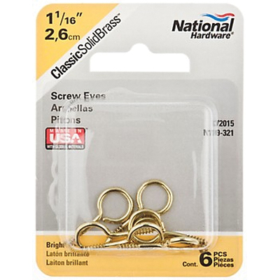 N119-321 Screw Eye, #14, 0.31 in L Thread, 1-1/16 in OAL, Brass, 6 Pack