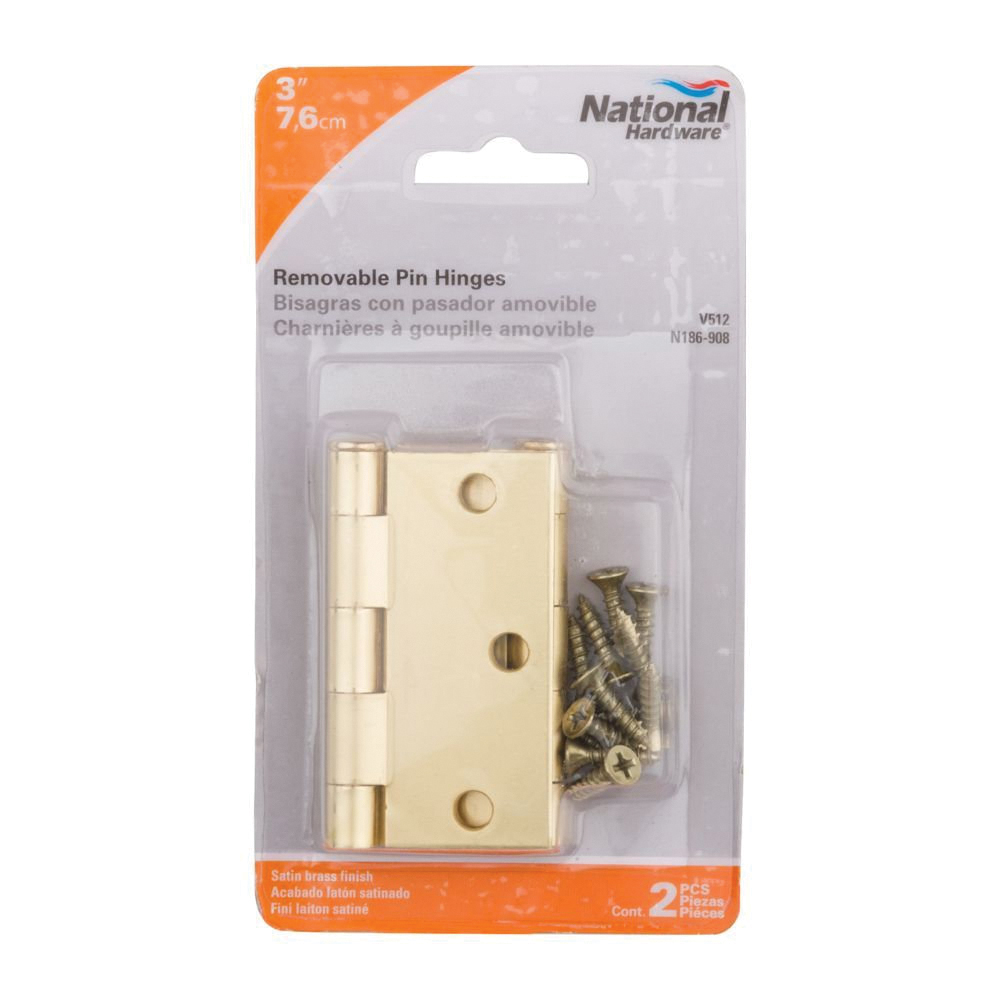 National Hardware N186-908 Square Corner Door Hinge, 3 in H Frame Leaf, Steel, Satin Brass, Full-Mortise/Hole Mounting - 2