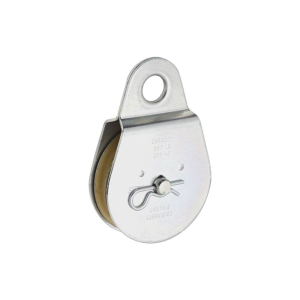 N220-020 Pulley, Single Fixed, 0.68 in Dia Eye, 1/2 in Rope, 650 lb Working Load, 3 in Sheave, Zinc