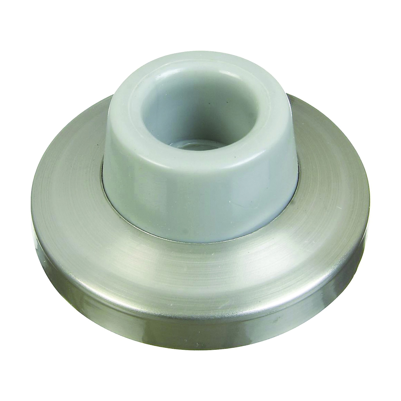 N326-983 Door Stop, 2.34 in Dia Base, 1 in Projection, Brass/Rubber, Satin Nickel