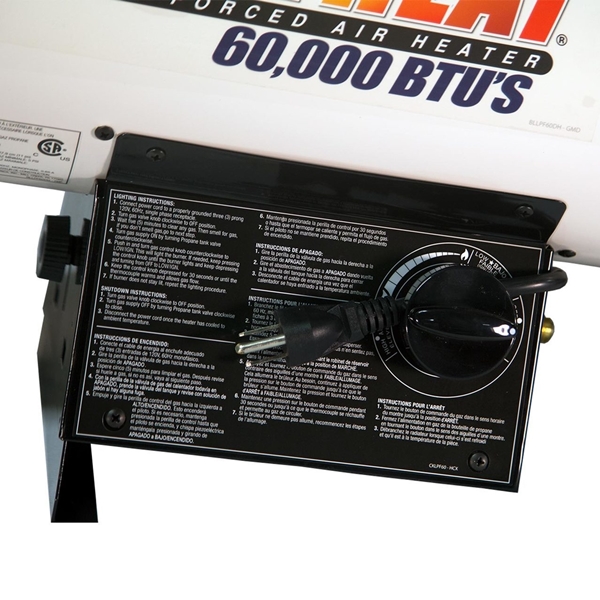 Dura Heat GFA60A Forced Air Heater, 20 lb Fuel Tank, Liquid Propane, 30000/40000/60000 Btu, 99 % Efficiency - 3