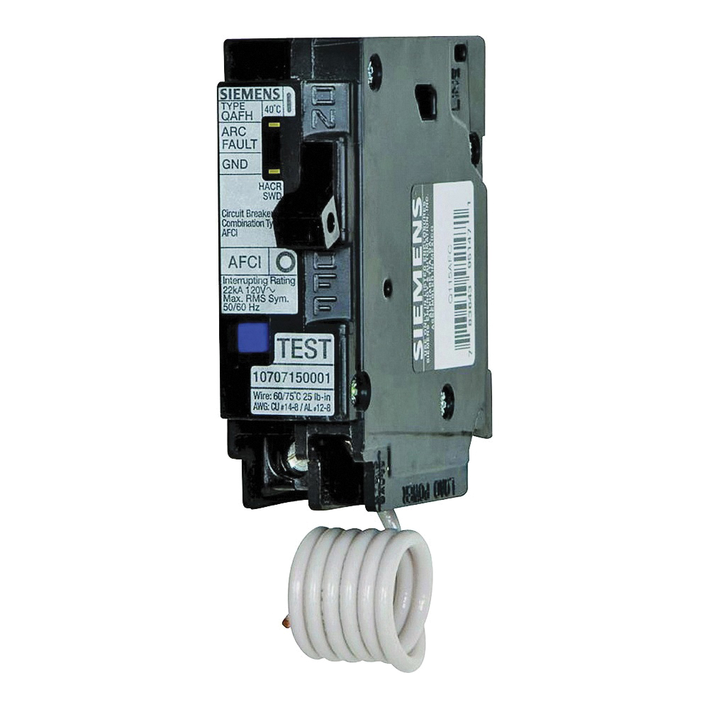 QA120AFC Circuit Breaker, Combination AFCI, 20 A, 1-Pole, 120/240 V, Fixed Trip, Plug Mounting
