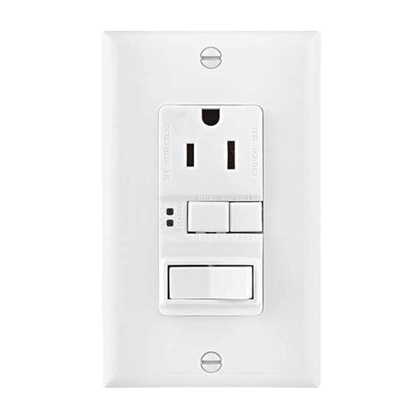 Eaton Cooper Wiring SGFS SGFS15W-MSP GFCI Receptacle/Switch, 2 -Pole, 15 A, 120 V Switch, 125 V Receptacle, White - 1